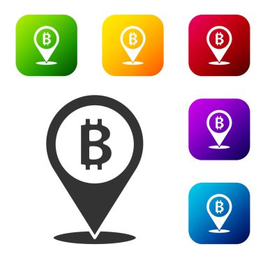 Siyah konum bitcoin simgesi beyaz arkaplanda izole edildi. Madeni para. Engelleme zinciri tabanlı şifreli para birimi. Renkli kare düğmelerle simgeleri ayarla. Vektör.