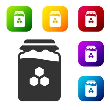 Beyaz arkaplanda siyah bal kavanozu var. Yiyecek bankası. Tatlı doğal gıda sembolü. Renkli kare düğmelerle simgeleri ayarla. Vektör.