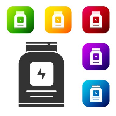 Siyah Spor, vücut geliştirme, protein enerji içeceği ve beyaz arka planda izole edilmiş yiyecek ikonu. Renkli kare düğmelerle simgeleri ayarla. Vektör.