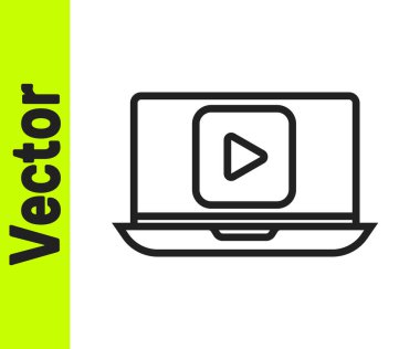 Siyah çizgi çevrimiçi video simgesi beyaz arkaplanda izole edildi. Dizüstü bilgisayar ve oyun işaretli film şeridi. Vektör İllüstrasyonu.
