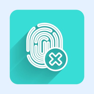 Beyaz çizgi, uzun gölgeli izole edilmiş parmak izi simgesi iptal edildi. Kullanıcı konsepti erişimi engellendi. Hata, dolandırıcılık. Kimlik işareti. Kimliğe dokun. Yeşil kare düğmesi. Vektör.