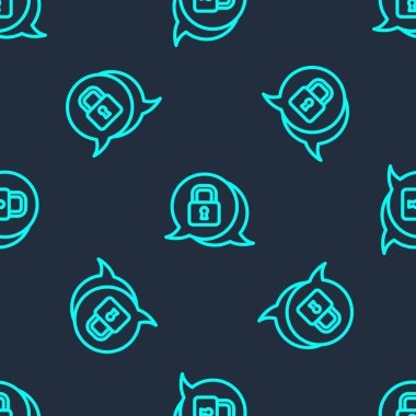 Yeşil çizgi siber güvenlik ikonu mavi arka planda kusursuz desen izole etti. Dijital devre kartında kapalı asma kilit. Güvenlik kavramı. Dijital veri koruması. Vektör.