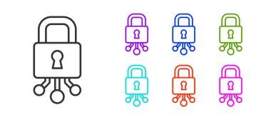 Siyah çizgi siber güvenlik simgesi beyaz arka planda izole edildi. Dijital devre kartında kapalı asma kilit. Güvenlik kavramı. Dijital veri koruması. Simgeleri renklendirin. Vektör.