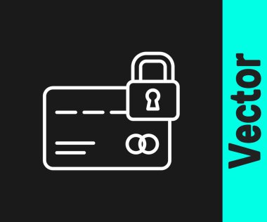Siyah arka planda kilit simgesi olan beyaz çizgi kredi kartı. Kilitli banka kartı. Güvenlik, güvenlik, koruma. Güvenli ödeme kavramı. Vektör.