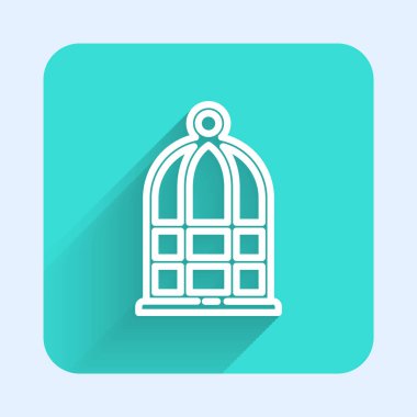 Kuşlar için beyaz çizgi kafes uzun gölgeli izole edilmiş. Yeşil kare düğmesi. Vektör.