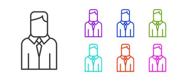 Siyah çizgi İşçi simgesi beyaz arkaplanda izole edildi. İş simgesi kullanıcı profili simgesi simgesi. Erkek kullanıcı işareti. Simgeleri renklendirin. Vektör.