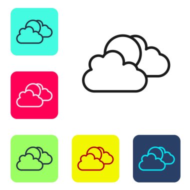 Siyah çizgi güneşi ve bulutlu hava durumu ikonu beyaz arkaplanda izole edildi. Renkli kare düğmelerle simgeleri ayarla. Vektör.