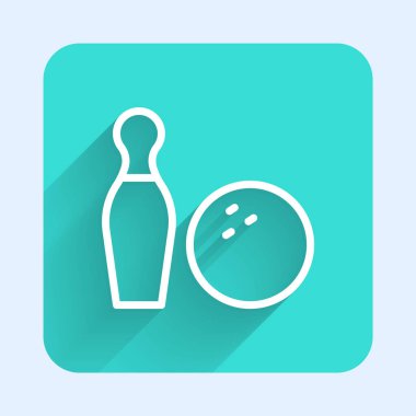 Uzun gölgeli beyaz çizgi bovling lobutları ve top ikonu. Spor malzemeleri. Yeşil kare düğmesi. Vektör.