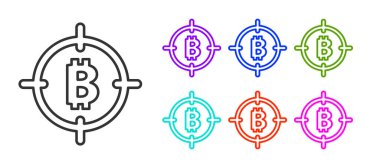 Hedef simgedeki siyah çizgi Bitcoin beyaz arkaplanda izole edildi. Yatırım hedef simgesi. Simgeleri renklendirin. Vektör.