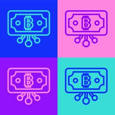 Pop Art Line Cryptocurrency bitcoin renk arkaplanında izole edilmiş mikroçip devre ikonu ile daire içinde. Engelleme teknolojisi, dijital para piyasası. Vektör.