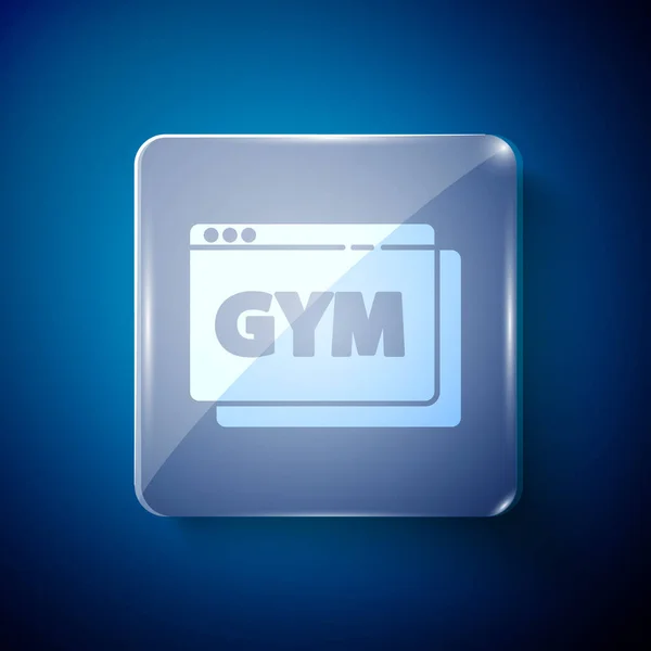 白青の背景に隔離されたオンラインフィットネスやトレーニングアイコン 正方形のガラスパネル ベクトル — ストックベクタ