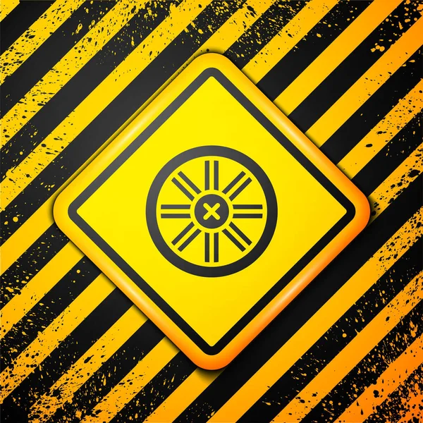 Black Old Hölzerne Rad Symbol Isoliert Auf Gelbem Hintergrund Warnzeichen — Stockvektor