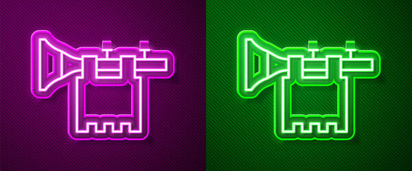 Glowing neon line Trumpet with flag icon isolated on purple and green background. Musical instrument trumpet.  Vector.