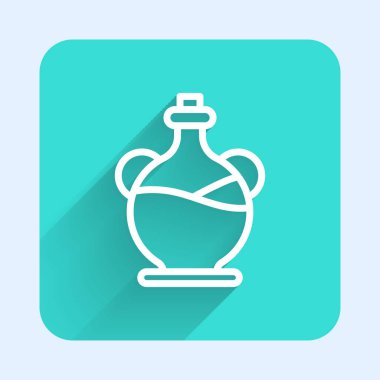 Uzun gölgeli beyaz çizgi zeytinyağı ikonu. Zeytinyağı ikonlu sürahi. Yeşil kare düğmesi. Vektör.