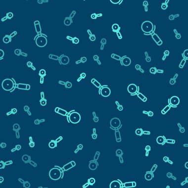 Yeşil çizgi pizza bıçağı ikonu mavi arka planda izole edilmiş pürüzsüz desen. Pizza kesme tabelası. Çelik mutfak gereçleri. Vektör.