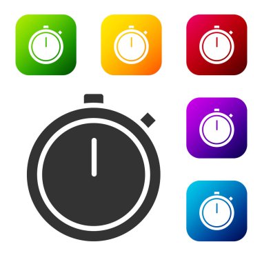 Siyah Kronometre simgesi beyaz arkaplanda izole edildi. Zaman göstergesi. Kronometre işareti. Renkli kare düğmelerle simgeleri ayarla. Vektör İllüstrasyonu.