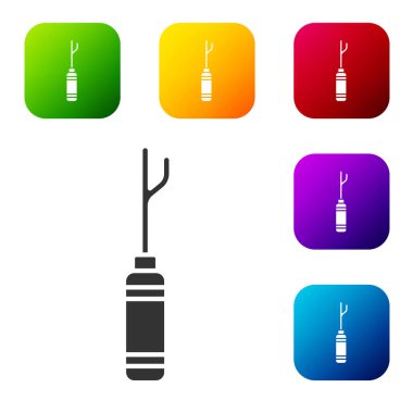 Beyaz arka planda ahşap saplı siyah Awl aracı izole edildi. İş gereçleri terzi endüstrisi. Renkli kare düğmelerle simgeleri ayarla. Vektör İllüstrasyonu.