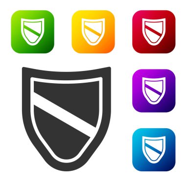 Siyah Kalkan simgesi beyaz arkaplanda izole edildi. Gardiyan. Güvenlik, güvenlik, koruma, gizlilik kavramı. Renkli kare düğmelerle simgeleri ayarla. Vektör.