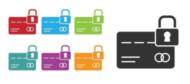 Beyaz arkaplanda kilit simgesi olan siyah kredi kartı. Kilitli banka kartı. Güvenlik, güvenlik, koruma. Güvenli ödeme kavramı. Simgeleri renklendirin. Vektör.