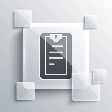 Gri arkaplanda kontrol listesi simgesi olan gri pano. Kontrol listesi sembolü. Anket anketi ya da anket geri bildirim formu. Kare cam paneller. Vektör.