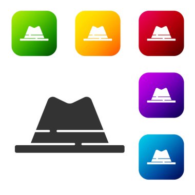 Beyaz arka planda izole edilmiş siyah adam şapkası. Renkli kare düğmelerle simgeleri ayarla. Vektör.