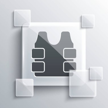 Gri arka planda izole edilmiş kurşun ikonundan korunmak için gri kurşun geçirmez yelek. Vücut zırhı işareti. Askeri kıyafetler. Kare cam paneller. Vektör.