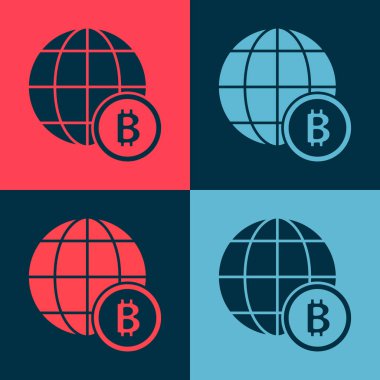 Pop Art Globe ve kripto para birimi simgesi Bitcoin renk arkaplanında izole edilmiş. Madeni para. Engelleme zinciri tabanlı şifreli para birimi. Vektör.