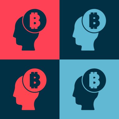Pop Art Bitcoin renk arkaplanında izole edilmiş bir simge olduğunu düşünüyor. Kripto para birimi başı. Engelleme teknolojisi, dijital para piyasası, şifreli para cüzdanı. Vektör.