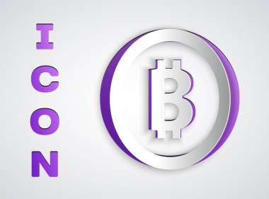 Kağıt kesiği Kripto para birimi simgesi Bitcoin gri arka planda izole edildi. Madeni para. Engelleme zinciri tabanlı şifreli para birimi. Kağıt sanatı tarzı. Vektör.