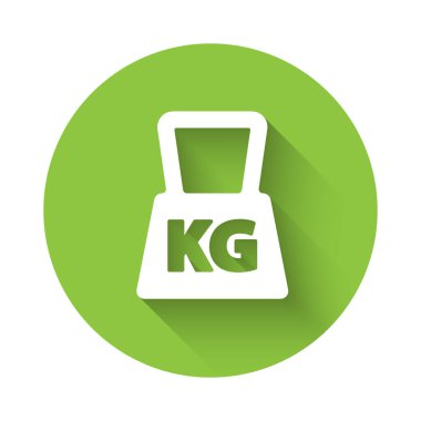Beyaz Ağırlık simgesi uzun gölgeli izole edilmiş. Kilogram ağırlık kaldırmak ve ölçmek için ağırlık bloğu. Kütle sembolü. Yeşil daire düğmesi. Vektör.