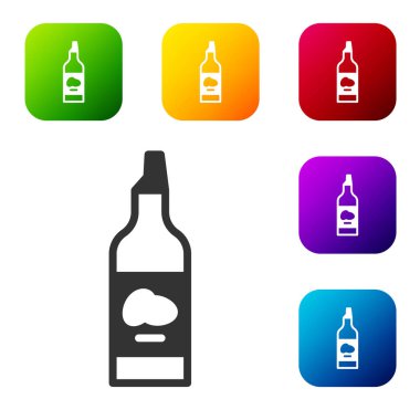 Beyaz arka planda izole edilmiş siyah zeytin yağı ikonu. Zeytinyağı ikonlu sürahi. Renkli kare düğmelerle simgeleri ayarla. Vektör.