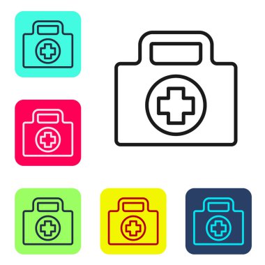 Siyah çizgi ilk yardım çantası simgesi beyaz arkaplanda izole edildi. Haçlı sağlık kutusu. Acil durumlar için tıbbi ekipman. Sağlık sigortası konsepti. Renkli kare düğmelerle simgeleri ayarla. Vektör İllüstrasyonu.