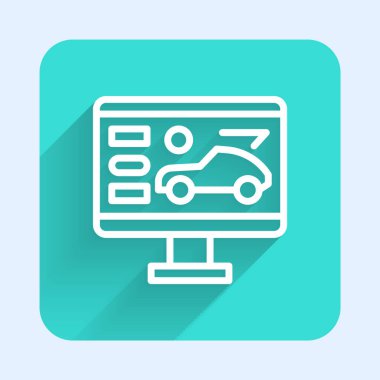 Beyaz çizgi, uzun gölgeli araba ikonunun donanım tanılama durumu. Araba servisi ve tamir parçaları. Yeşil kare düğmesi. Vektör İllüstrasyonu.