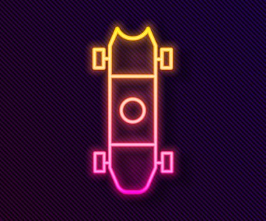 Parlayan neon hattı Longboard veya kaykay kruvazörü simgesi siyah arkaplanda izole edildi. Olağanüstü bir spor. Spor malzemeleri. Vektör İllüstrasyonu.