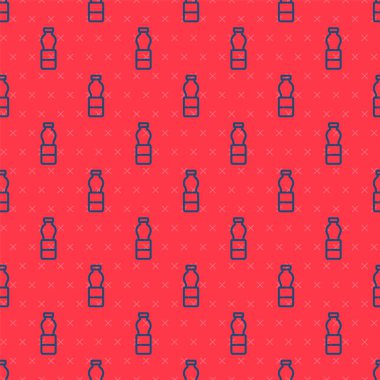 Mavi çizgili bir şişe su ikonu kırmızı arka planda izole edilmiş. Soda su içme tabelası. Vektör İllüstrasyonu.