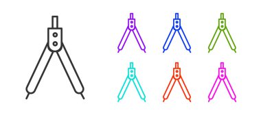 Beyaz arkaplanda siyah çizgi çizim simgesi izole edildi. Pusula işareti. Çizim ve eğitim araçları. Geometrik alet. Simgeleri renklendirin. Vektör İllüstrasyonu.