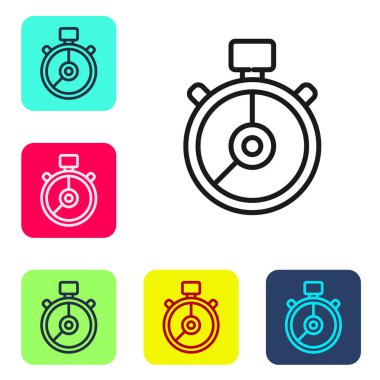 Siyah çizgi Stopwatch simgesi beyaz arkaplanda izole edildi. Zaman göstergesi. Kronometre işareti. Renkli kare düğmelerle simgeleri ayarla. Vektör İllüstrasyonu.