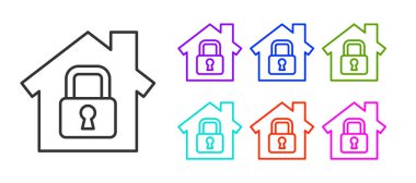Beyaz arka planda izole edilmiş siyah çizgi ev koruma simgesi altında. Eve git ve kilitle. Koruma, güvenlik, güvenlik, koruma, savunma konsepti. Simgeleri renklendirin. Vektör İllüstrasyonu.