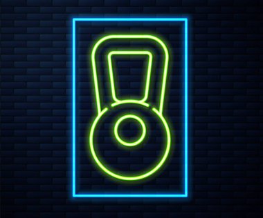 Parlayan neon çizgisi Kettlebell simgesi tuğla duvar arka planında izole edildi. Spor malzemeleri. Vektör İllüstrasyonu.