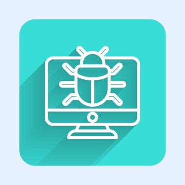 Monitör simgesindeki beyaz çizgi sistem hatası uzun gölgeli izole edildi. Kod hatası konsepti. Sistemde hata var. Böcek araması. Yeşil kare düğmesi. Vektör.