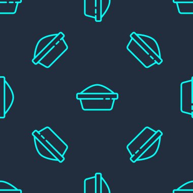 Kedi ya da köpek ikonu için yeşil çizgi evcil hayvan yemek kasesi mavi arka planda izole edilmiş pürüzsüz desen. Köpek ya da kedi pençesi izi. Vektör.