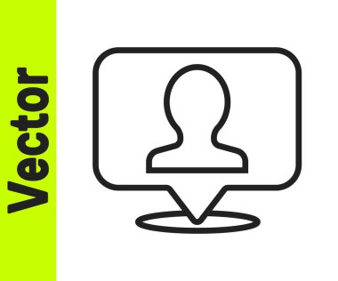 Beyaz arkaplanda izole edilmiş bir insan simgesinin silüeti olan siyah çizgi haritası. GPS konum sembolü. Vektör.