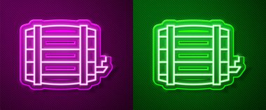 Parlayan neon hattı ahşap varil ikonu, mor ve yeşil arka planda izole edilmiş. Alkol fıçısı, içki kabı, bira için tahta fıçı, viski, şarap. Vektör.