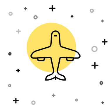 Siyah çizgi düzlem simgesi beyaz arkaplanda izole edildi. Uçan uçak ikonu. Uçak tabelası. Rastgele dinamik şekiller. Vektör.