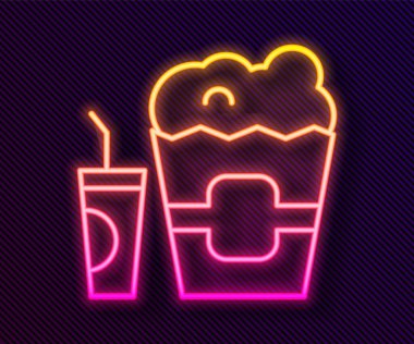 Karton kutuda parlak neon hattı patlamış mısır ve siyah arka planda izole edilmiş saman ve su ikonu içen kağıt bardak. Soda bardağı. Vektör.