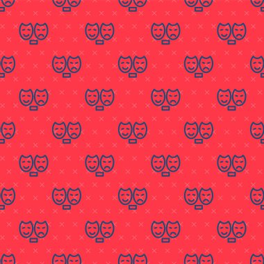 Mavi çizgi komedi ve trajedi teatral maskeler ikonu kırmızı arka planda izole edilmiş kusursuz desen. Vektör.