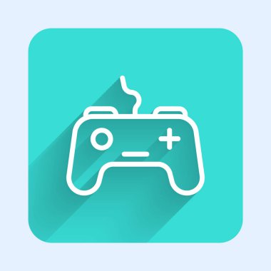 Beyaz çizgi Gamepad simgesi uzun gölgeli izole edildi. Oyun kontrolörü. Yeşil kare düğmesi. Vektör.