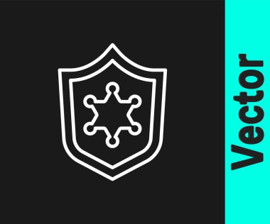 Beyaz çizgi polis rozeti simgesi siyah arkaplanda izole edildi. Şerif rozeti. Vektör.