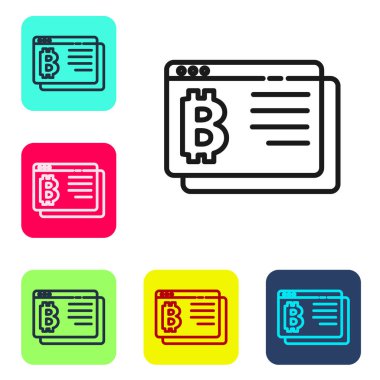 Siyah çizgi kripto para birimi Bitcoin simgesi beyaz arka planda izole edildi. Madeni para. Engelleme zinciri tabanlı şifreli para birimi. Renkli kare düğmelerle simgeleri ayarla. Vektör.