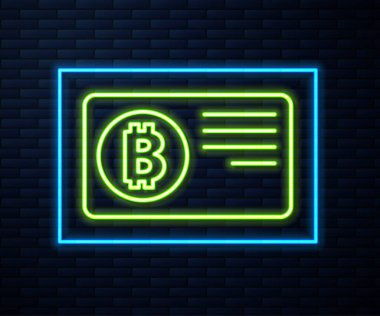 Duvarın arka planında bitcoin simgesi olan parlak neon çizgili kredi kartı. Çevrimiçi ödeme. Nakit çekilmesi. Modern ödeme yöntemi. Vektör.